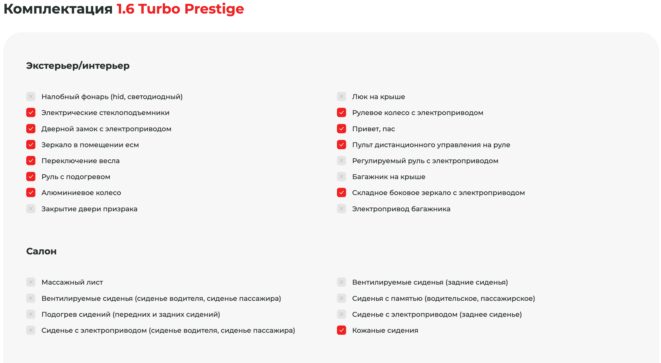 Характеристики комплектации